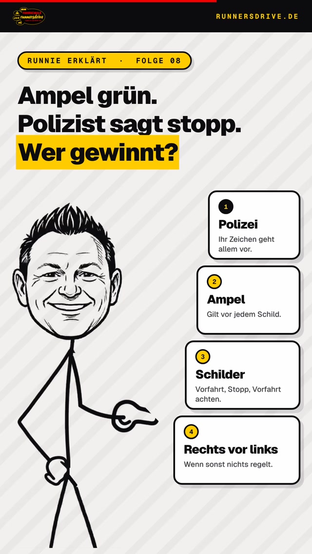 Ampel grün. Polizist sagt stopp. Wer gewinnt? Der Polizist. Weil Vorfahrt eine Rangfolge hat: 1. Polizei — ihr Zeichen …