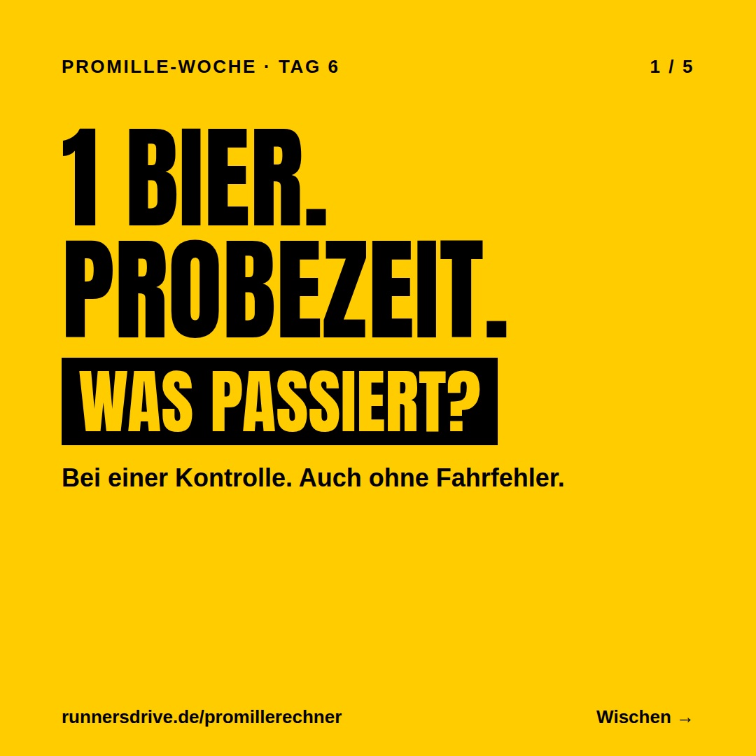 In der Probezeit und unter 21 gilt 0,0. Auch ein Wert knapp darüber ist schon ein Verstoß. 250 Euro, ein Punkt, Aufbaus…