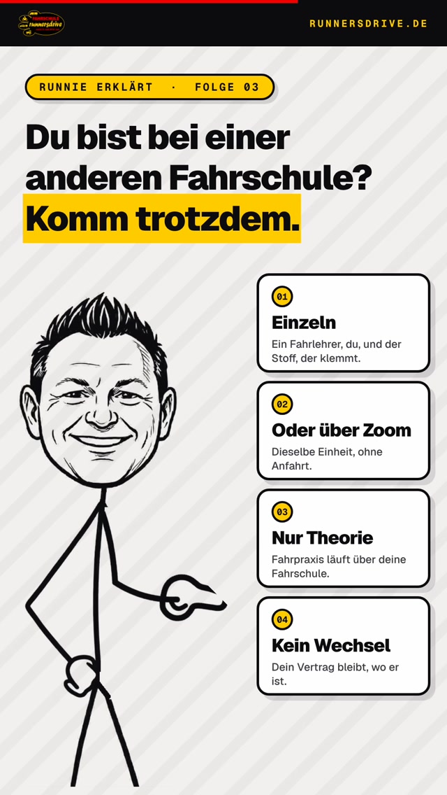 Du bist bei einer anderen Fahrschule? Komm trotzdem. Wenn die Theorie nicht hängen bleibt, gehen wir sie mit dir durch.…