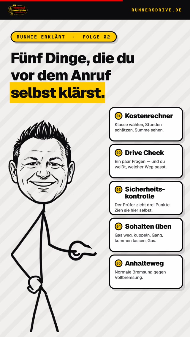 Fünf Dinge, die du vor dem Anruf selbst klärst. Kostenrechner — Klasse wählen, Stunden schätzen, Summe sehen. Drive Che…