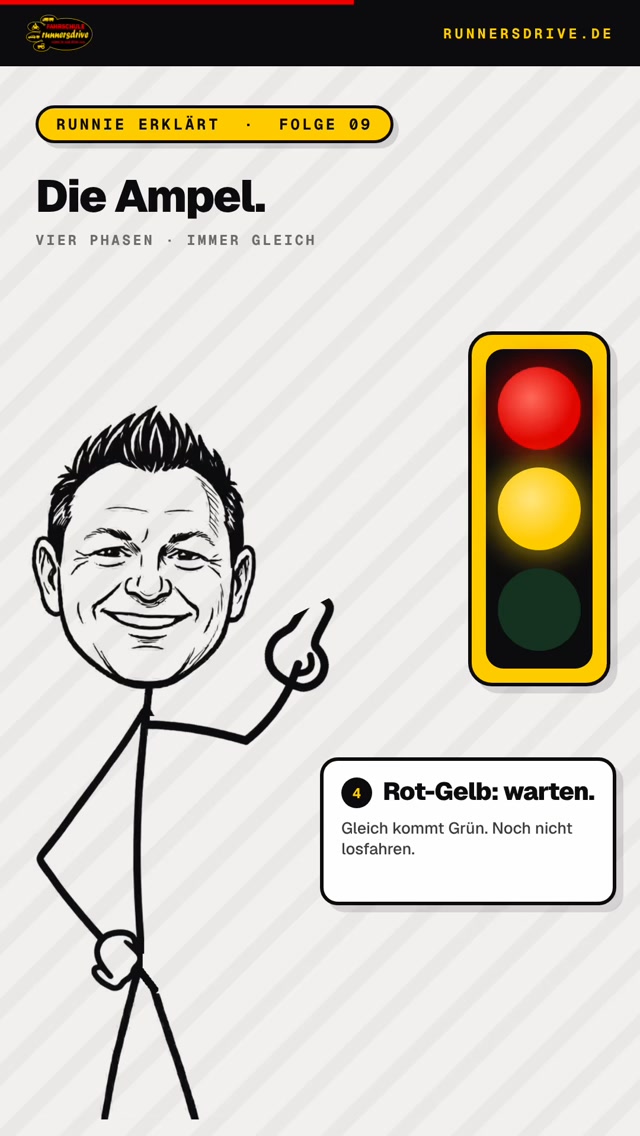 Welche Farbe kommt nach Rot? Nicht Grün. Die Ampel läuft immer in derselben Runde: 1. Grün — fahren. Aber nur in die Kr…