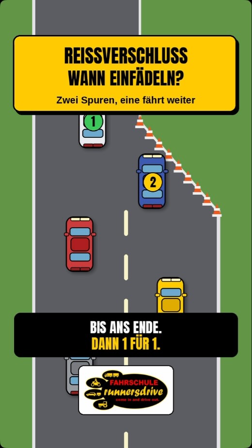 Zu früh rübergezogen? Genau da fängt der Stau an. 🚧 Beim Reißverschlussverfahren gilt: beide Spuren bis ans Ende nutzen…